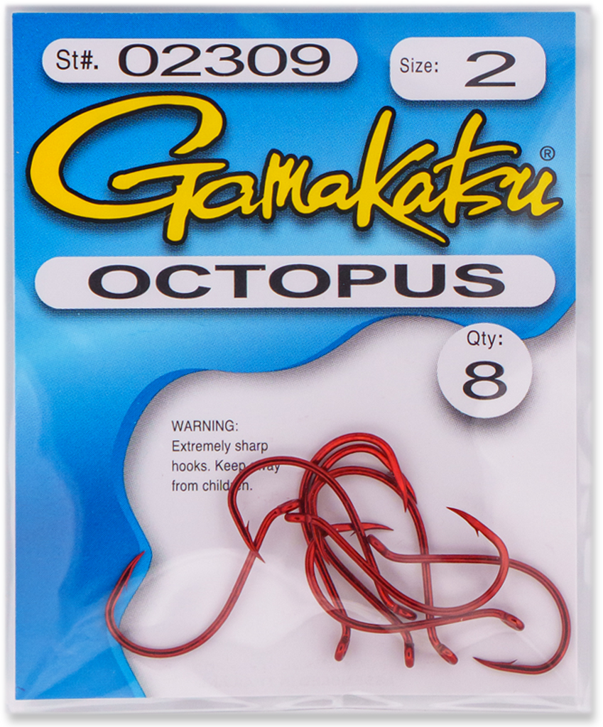 Gamakatsu 02309 Octopus Hook, Red, Size 2 - 8 count bag